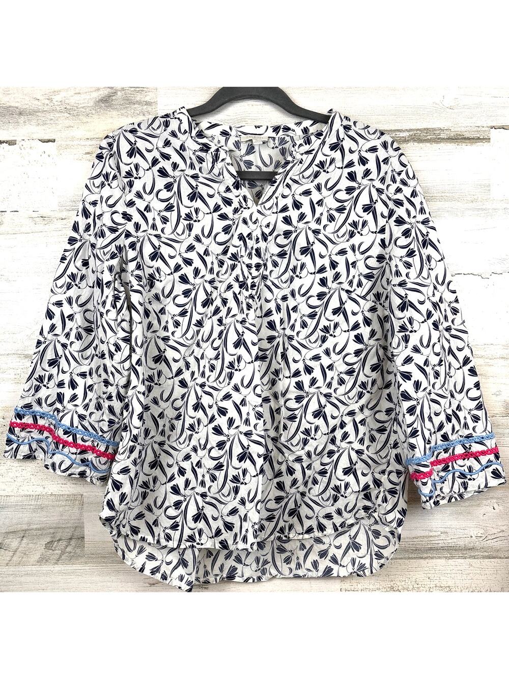 Talbots Floral Print Blouse Womens Petite L Navy Blue White Cotton Lightweight
